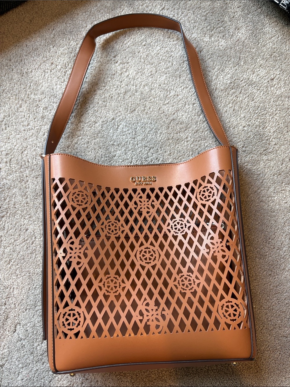 Guess Brown Laser-Cut Tote Shoulder Bag